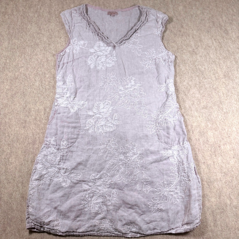 Luna Luz Dress Womens XL Pink Linen Floral Embroidered V Neck Made in Italy
